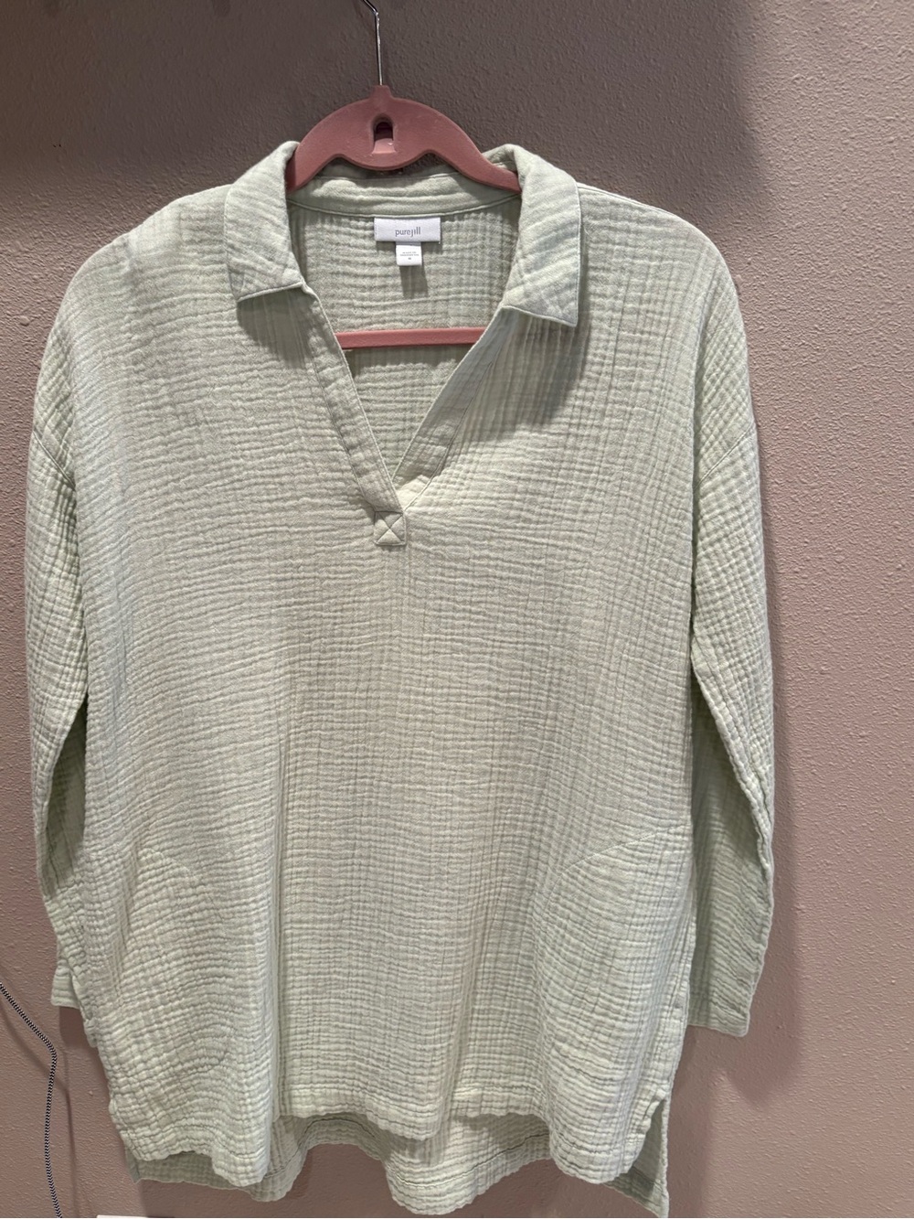 Pure Jill Relaxed Cotton Gauze Collared Tunic in Light Sage